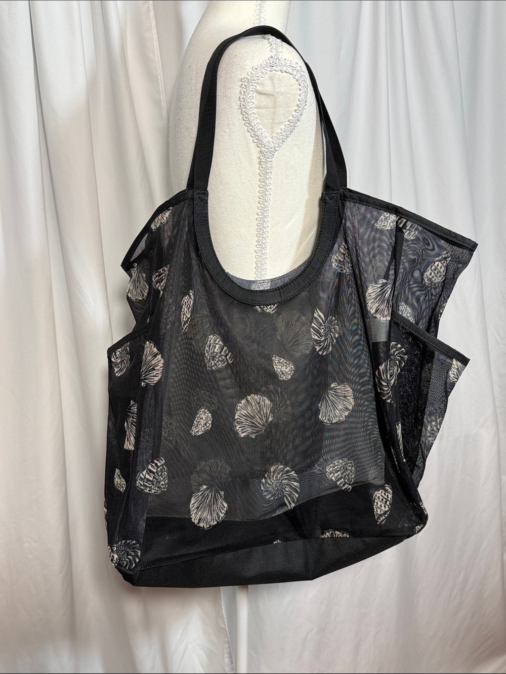 Shade & Shore Black Mesh Tote with Shell Motif